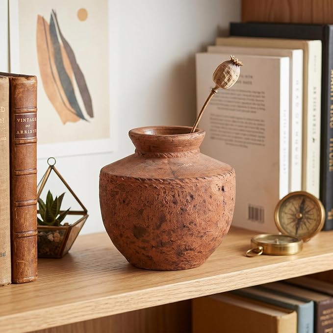 Terracotta Vase, 6 Inch Brown Ceramic Flower Vase for Home Decor Rustic Pottery Vase for Living Room Farmhouse Decor Entryway Fireplace Kitchen Dining Table Centerpiece