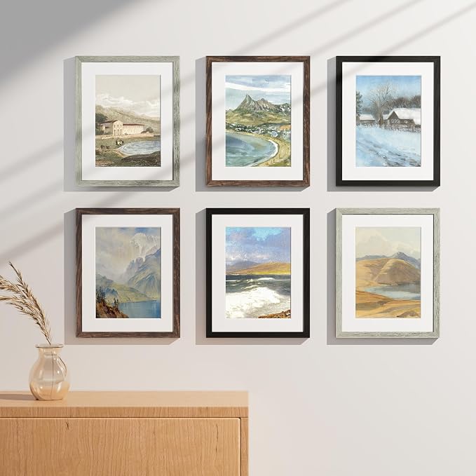 Vittanly 11x14 Picture Frames Set of 9 for Wall Mounting, Black&Brown&Grey | Display Pictures 8x10 with Mat or 11x14 without Mat, Engineered Wood with Shatter Resistant Plexiglass, Gallery Photo Frames