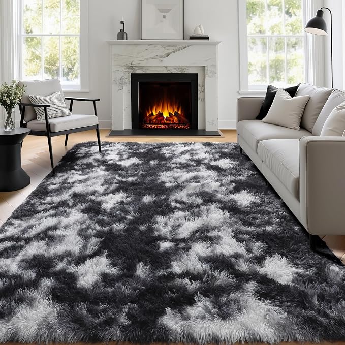 PAGISOFE Black White Grey Rugs for Living Room 5x8, Shag Fuzzy Fluffy Rectangular Rugs for Kids Room Playroom Classroom Dorm Shaggy Soft Carpet for Home Decor Aesthetic Plush Bedside Rug Modern Cool