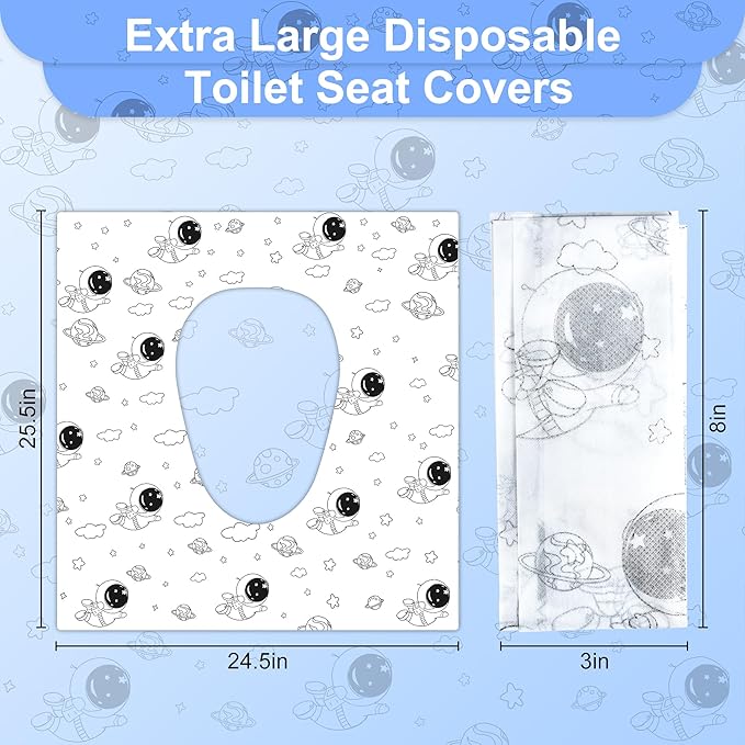 Disposable Toilet Seat Covers (Space Theme)-Extra Large 24.5x25.5in,Safe & Waterproof,4 Adhesive Strips-Fits Kids,Adults,Travel,Public Restroom Airplane,Toddler Potty Training,Indiv Wrapped