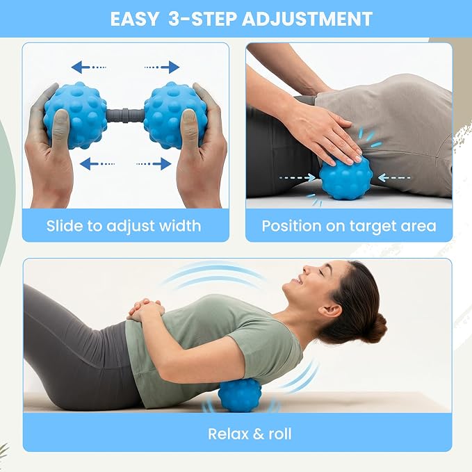 Adjustable Peanut Massage Ball, Dual Textured Massage Roller with Customizable 5-8 Inch Width for Back, Neck, Legs, Calves and Hamstrings, Lightweight TPE Self-Massage Tool, Blue