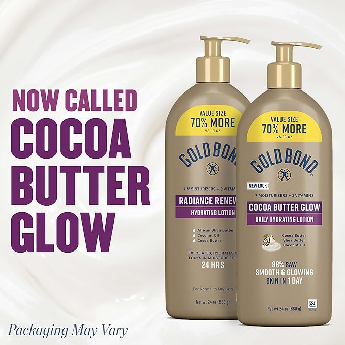 Gold Bond Cocoa Butter Glow Daily Hydrating Lotion with Cocoa Shea Butter & Coconut Oil, Exfoliating and Moisturizing Lotion for Dry Skin, 24 oz