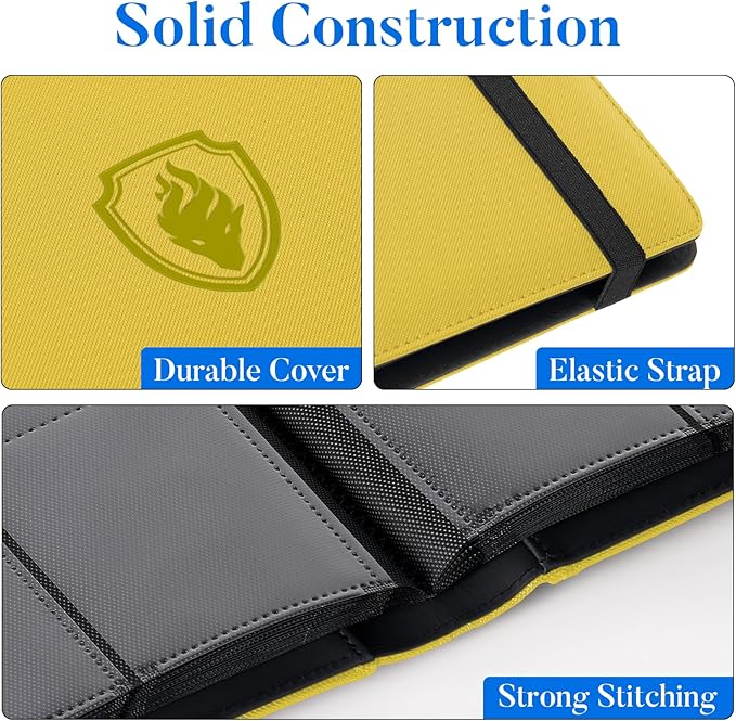 Premium 9 Pocket Card Binder for 360 Cards, Fabmaker PU Cover Trading Card Binder, Sturdy Card Collection Album, Sleek Card Holder Folders for Game Cards & Sports Cards, Yellow