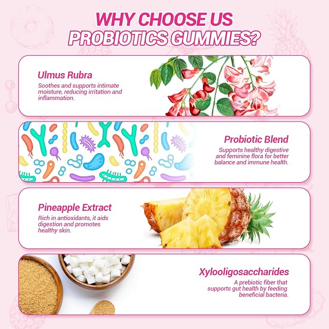 BURMINY Her Juicy Feminine Probiotics Gummies, Premium Feminine Balance Probiotics with Slippery Elm for Women's pH Balance and Freshness – Support Daily Wellness & Comfort 60 Pineapple Gummies