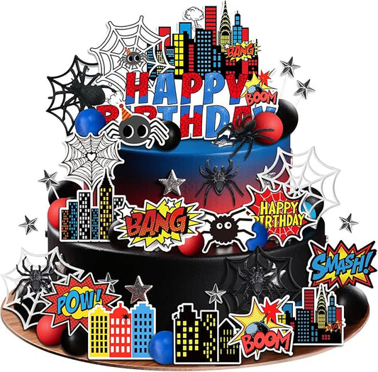 41 PCS Superhero Cake Topper - Happy Birthday Decorations for Hero Themed Party Supplies - City Cake Decor (red)