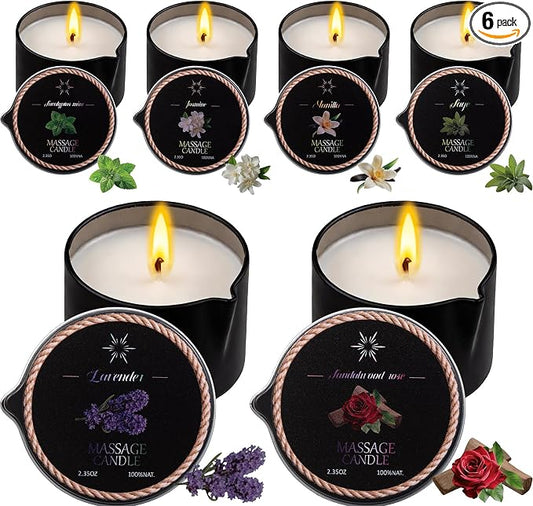 6 Pack Low Temperature Massage Oil Candle Set - Soy Wax that Melts Into Skin Nourishing Body Oil Massage Candle for Home Spa, Massage Therapy, Relaxation - Natural- 2.35 oz Each