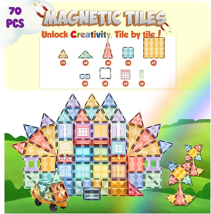 Magnetic Tiles – 70 PCS Crystal Fortress Castle, Magnetic Blocks, Montessori 3D STEM Building Blocks, Sensory for Kids Ages 3-9, Educational and Preschool Toys, Gift for Toddlers, Girls & Boy