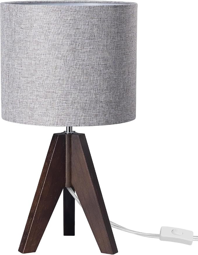 EDISHINE Boho Small Table Lamp, Walnut Color Wooden Tripod Bedside Lamp, Farmhouse Nightstand Lamp for Nursery, Bedroom, Office, Kid Room, Living Room, Grey Linen Lampshade, E26 Socket, 14.2 Inch
