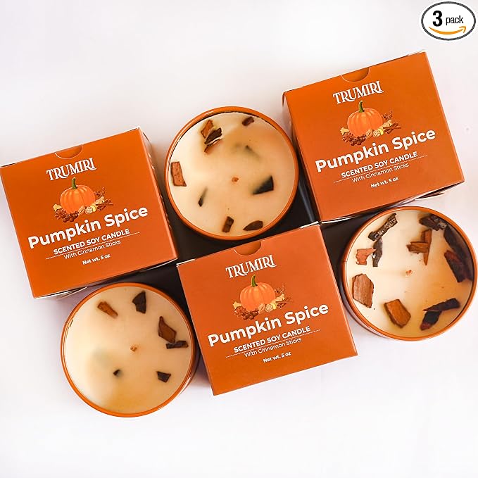 Pumpkin Spice - Cinnamon Soy Candles for Home Scented - for Fall Halloween Thanksgiving Holidays - Pack of 3 x 5oz Natural Clean Non Toxic Long Lasting Highly Scented Candels with Essential Oils