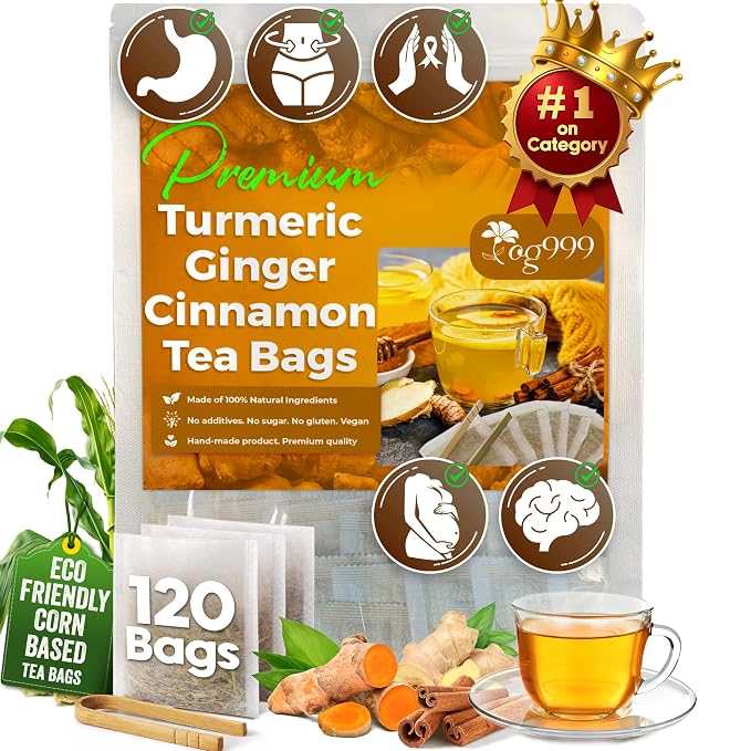 TOG999, 120 Bags Premium Turmeric Ginger Cinnamon Tea. Upgraded Version. Improve Digestion, Support Brain, Weight, Skin and Sleep. Eco-Conscious Tea Bags. No Sugar, No Caffeine, No Gluten, Vegan.