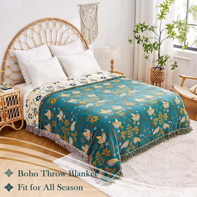 XIBLC Boho Throw Blanket, 100% Cotton Ultra Soft Luxury Throw Rustic Quilt, 60"x80" Floral Printed Farmhouse Decor Bed Summer Blankets, All Season Rustic Reversible Bohemian Throw for Bed - Blue