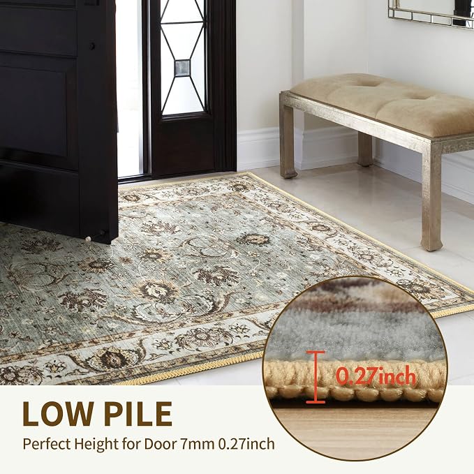 5x7 Ft Machine Washable Area Rugs for Bedroom, Thin Vintage Floral Print Rug Non Slip Carpet for Living Room, Dining Room, Office Home Decor (Brown)