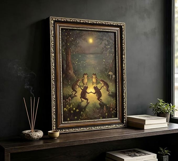 Vintage Gold Framed Frog Wall Art,Frogs Dancing in Moonlight Forest Painting Canvas Prints,Whimsical Animal Wall Decor,Retro Country Toad Poster Artwork for Corridor Living room Bedroom Kitchen