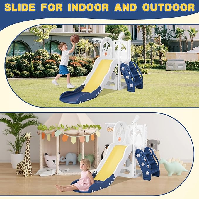 6 in 1 Toddler Playset Toddler Slide and Climber Playset, L-Shaped Kids Slide with Basketball Hoop, Telescope & Storage, Sturdy Indoor Outdoor Playground, for Boys Girls 1-3+