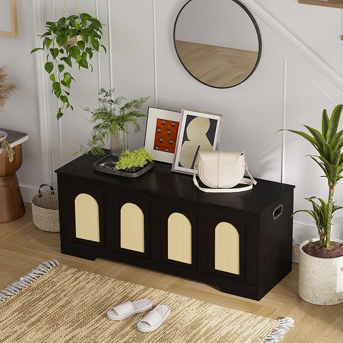 Storage Chest, Wooden Toy Box, Espresso Oak 47.2" L | Entryway Shoe Bench, 2 Safety Hinges, Finger-safe Flip-Top, Easy Assembly, Farmhouse Large Trunk, Rattan, Living Room/Bedroom