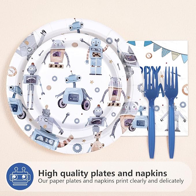 96Pcs Robot Birthday Party Decorations Happy Robot Birthday Plates and Napkins Tableware Set Blue Robots Shape Themed Decorations Favors for Boys Kids Baby Shower Gender Reveal Supplies Serves 24