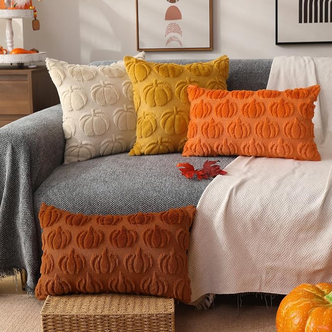 DFXSZ Fall Pillow Covers 20x20 2Pcs Yellow Pumpkin Fall Decoration for Home | Fall decor Set of 2 Throw Pillow Cases Soft Plush Faux Fur Wool Couch Cushion for Chair Sofa Bedroom Living Room Home Decor