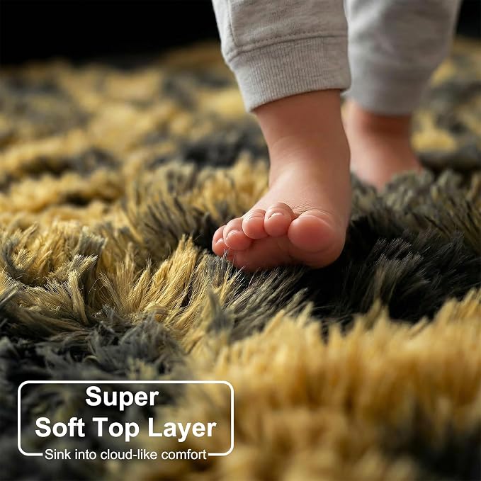 Amdrebio Black Gold Grey Fluffy Area Rug 5x7 for Bedroom Living Room Dorm | Fuzzy Plush Fuzzy Mustard Yellow Leopard Cheetah Carpet, Classroom Men Cave Bedside Office Playroom Decor, Baby Kids Corner