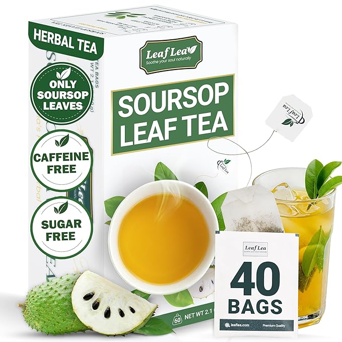 LeafLea 40 Premium Soursop Leaf Tea Bags, Pure & Natural Sour Sop Leaves, Graviola Leaves Tea, Hoja Guanabana Tea, Digestion Support Herbal Tea Bags, Nutrient-Rich, No Sugar, No Caffeine