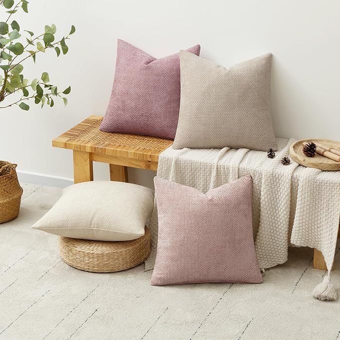 MIULEE Soft Decorative Chenille Pillow Covers Light Pink 16x16 Pack of 4 | Shabby Chic Decor, Romantic Blush Neutral Set, Couch Throw Pillows, Farmhouse Boho Cushion Covers for Sofa Bed Living Room