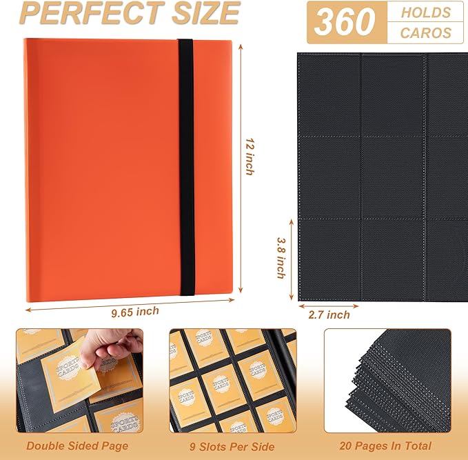Card Binder 9 Pocket Storage 360 Card Binder,Trading Card Binder Senior and Sturdy Side-Loading Album,Intended For YuGiOh,MTG, TCG,Game Cards & Baseball Card Binde,（Orange）
