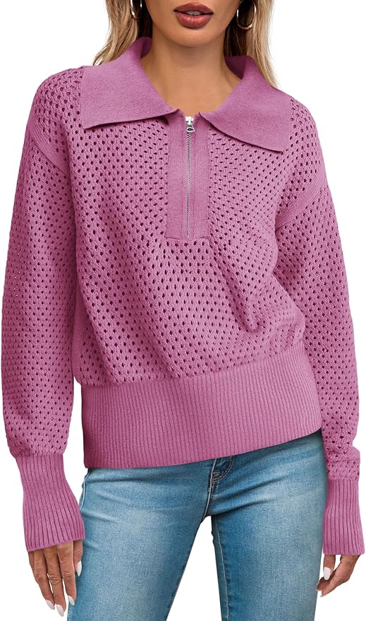 Doshoop Womens Summer Crochet Sweaters Long Sleeve Hollow Out Knit Half Zip Lapel Collar Pullover Tops