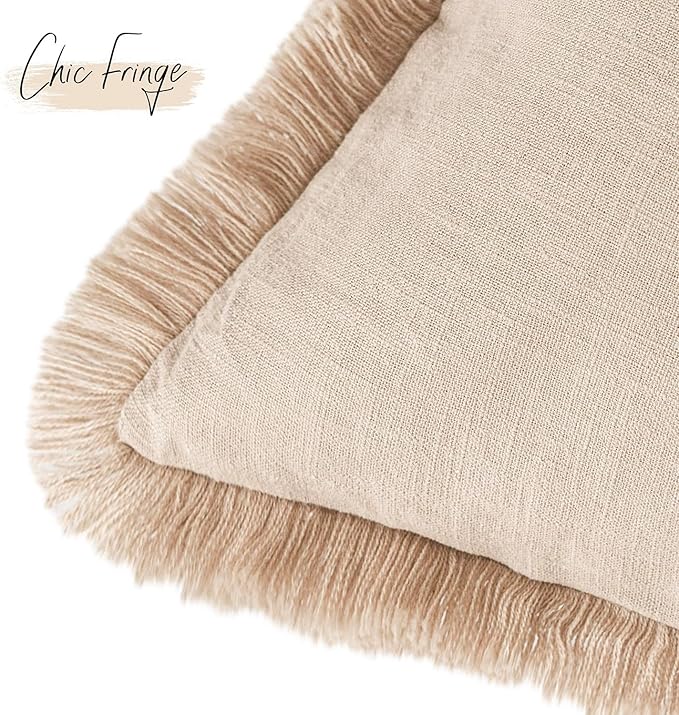 Foindtower Set of 2 Decorative Linen Fringe Throw Pillow Covers Boho Farmhouse Cushion Cover with Tassels Accent Pillowcase for Couch Chair Sofa Bed Living Room Home Decor,22×22 Inch,Tan Beige