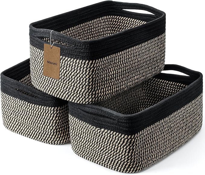 3 Pack Small Storage Baskets for Organizing, 11.8×7.8×5.1", Black Brown | Woven Baskets for shelves, Cotton Rope Basket for Gifts Empty, Closet Organizer Bins with Handles, Cube Decorative Box