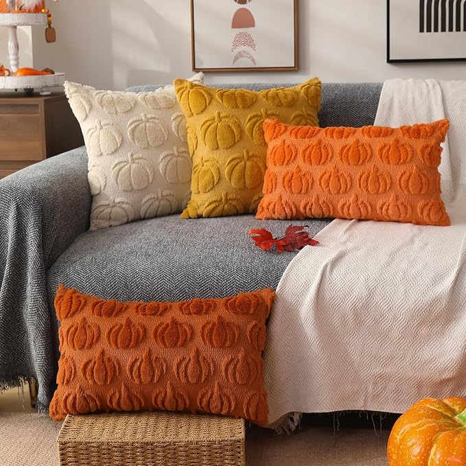 DFXSZ Fall Pillow Covers 12x20 2Pcs Orange Pumpkin Fall Decoration for Home | Fall decor Set of 2 Throw Pillow Cases Soft Plush Faux Fur Wool Couch Cushion for Chair Sofa Bedroom Living Room Home Decor