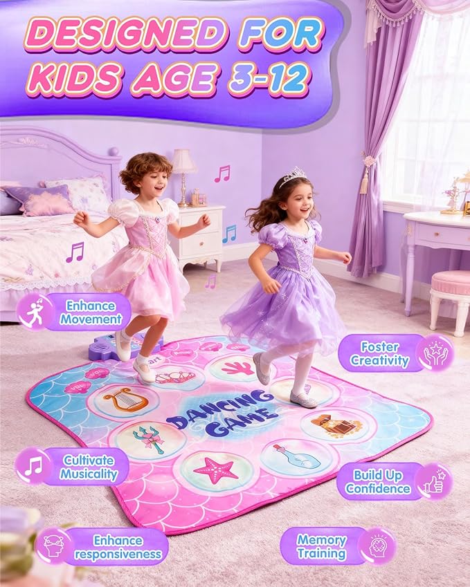 Dance Mat with 9 Light-Up Buttons, Dance Mats for Girls 3-12 Featuring 8 Games & 3 Speeds, Kids Dance Mat with Built-in Music, Standby Mode, Adjustable Volume, Birthday Gifts for 3+ Girls