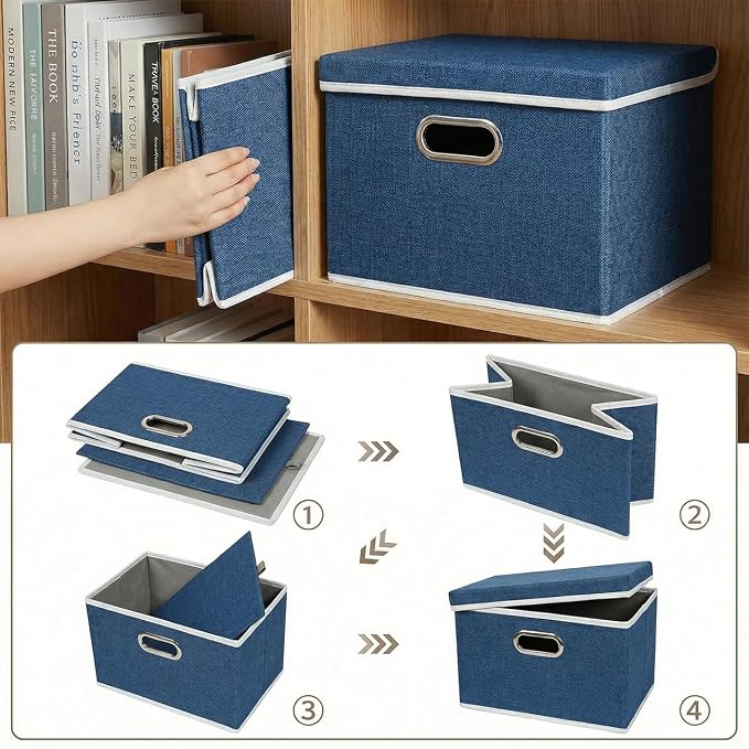 Storage Bins with Lids [3-Pack] Linen Fabric Foldable Storage Boxes Organizer Containers Baskets Cube with Cover for Bedroom Closet Office Royal Blue（11.4X8.6X6.7