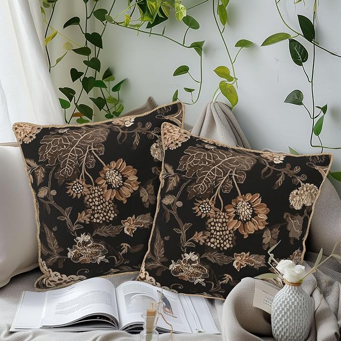 Vintage Black Floral Leaves Velvet Pillow Covers 18x18 Inch Brown Beige Tan Boho Flowers Throw Pillows For Couch Cushion Covers Pillowcase Farmhouse Bohemian Pillow Cases for Sofa Bed Bedroom