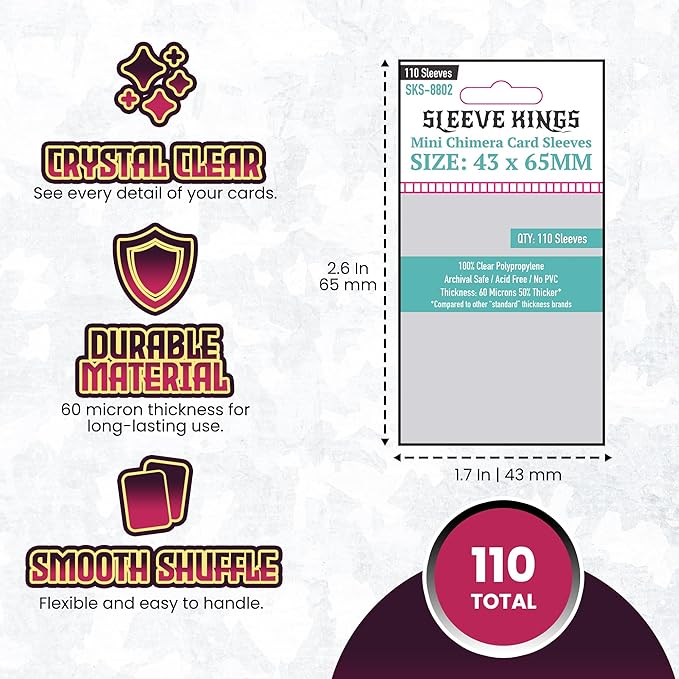 Sleeve Kings Mini Chimera Card Sleeves – 110 Count, Clear 60 Micron Thickness, 43 x 65 mm, Perfect Fit for Shogun, Twilight Imperium 4th Edition & Batman Gotham City Chronicles – SKU: SKS-8802