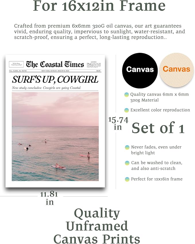 iHery 12x16in Surf’s Up Cowgirl Unframed Newspaper Wall Art | Unframed Canvas Print, Coastal Cowgirl Poster Decor for Bedroom 1Pack