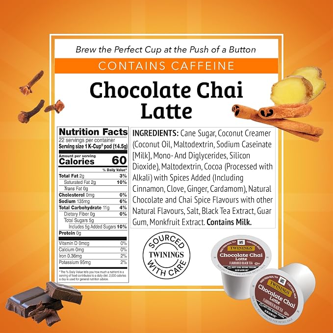 Twinings Chocolate Chai Latte Tea K-Cup Pods for Keurig, 22 Count (Pack of 1), Velvety Smooth Cocoa with Real Spiced Tea, Caffeinated, Enjoy Hot or Iced