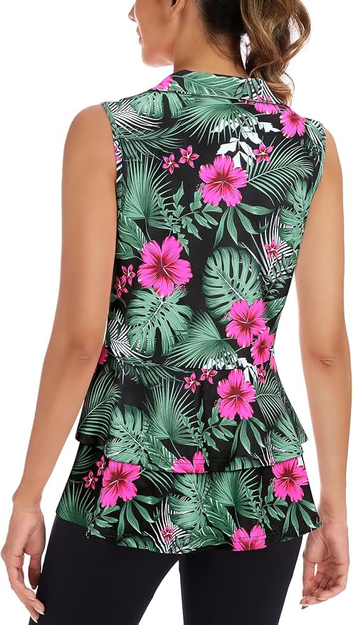 Women's Golf Vest with Pleated Tennis Skirt Hem Lightweight Full Zip Sleeveless Athletic Shirts with Pockets