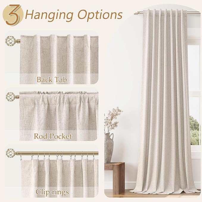 Guken Oatmeal 100% Blackout Linen Curtains 63 Inch Length 2 Panels Set for Living Room Bedroom Back Tab Thermal Insulated Black Out Drapes Room Darkening Farmhouse Window Curtains 63 Inches Long