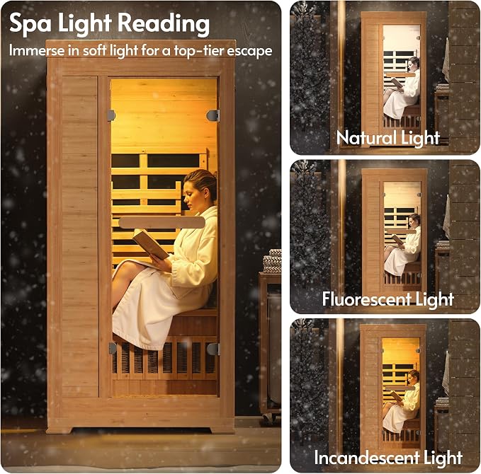 Infrared Sauna at Home 1-2 Person with 7 Color Full Spectrum, Low EMF 1745W Fast Heating Canadian Hemlock Wood Sauna, Indoor Dry Sauna with Music Speakers for Home, Gym (3Lx3.3Wx6.3H Ft)