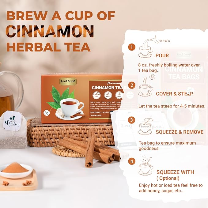 LeafLea Cinnamon Tea Bags, Bold Ground Cinnamon Spice, Sugar-Free, 80 Count | Naturally Sweet Single-Ingredient Spice, Caffeine-Free, Individually Foil-Wrapped For Fresh Aroma, Vegan, Non-GMO