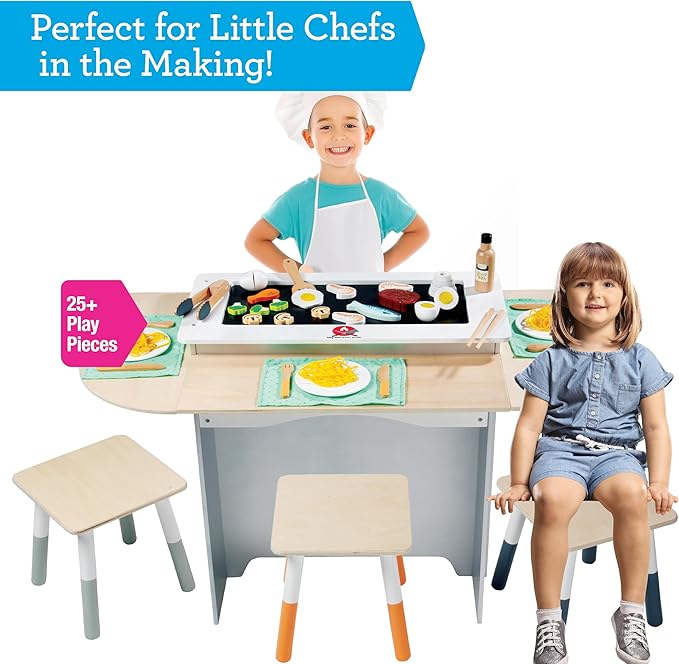 Hibachi Grill Wooden Kids Playset w Stools, Table Settings & Over 25 Toy Food Pieces- Noodles Tongs Meats Veggies- Everything a Little Chef Needs for Pretend Play, Indoor Japanese Restaurant Stand