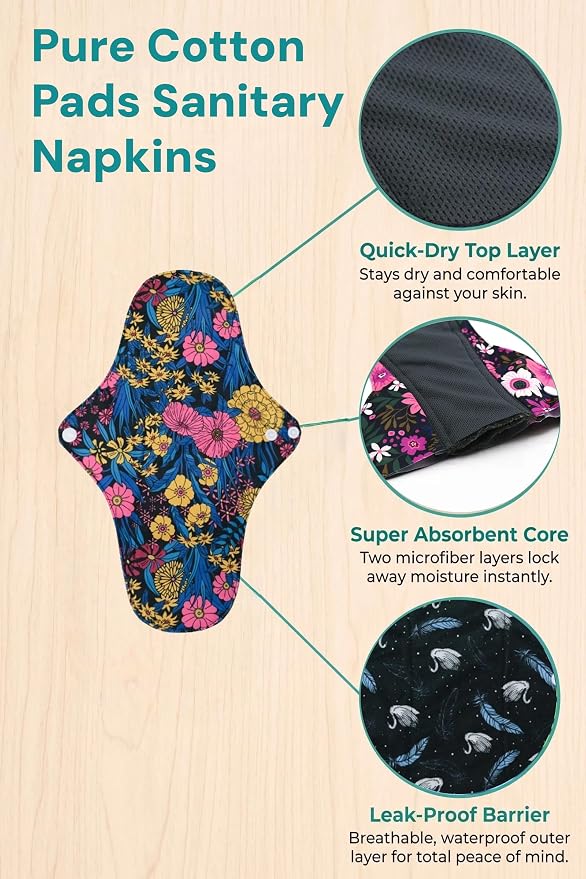 Reusable Incontinence Pads,Mesh Cotton Fabric Washable Menstrual Pads,Panty Liners Pads,Period Sanitary Napkins,with 1 Storage Bag,for Women/Postpartum/Incontinence(Black/L/5pcs)