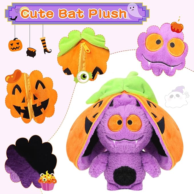 Transform Pumpkin Toy, Halloween Plush, Zipper Up Transform Plush,Hallow Stuffed Animal (Pumpkin Bat)