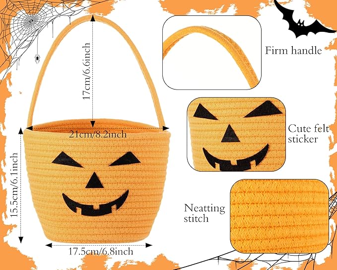 Halloween Trick or Treat Basket with Handle Cute Bucket Cotton Rope Woven Candy Bag Pumpkin Witch Cat Pig Storage Basket for Halloween Party Favor(3 Packs,Mixed Style)