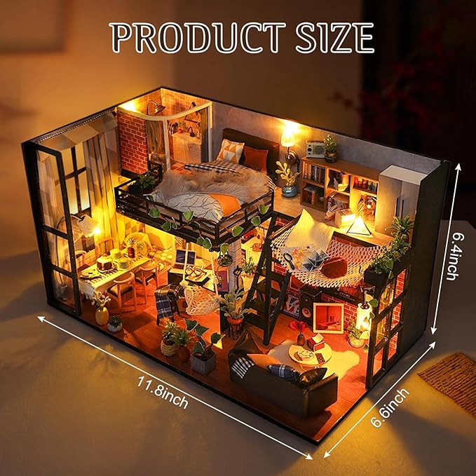 Foyucool DIY Miniature House Kit, Dollhouse Kit with Dust Cover, Mini House Building Kits for for Adult to Building, Christmas Home Decorations Gifts for Family and Friends, Loft