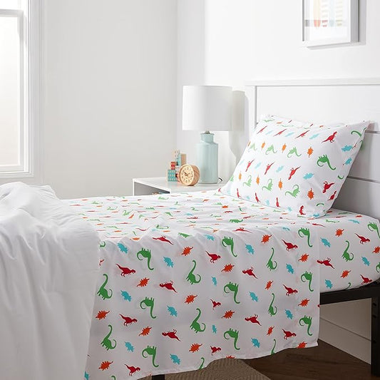 Amazon Basics Kid's Soft, Breathable, Easy-Wash Microfiber 3-Piece Sheet Set with Fitted Sheet, Twin, Multi-Color Dinosaurs, Animal Print