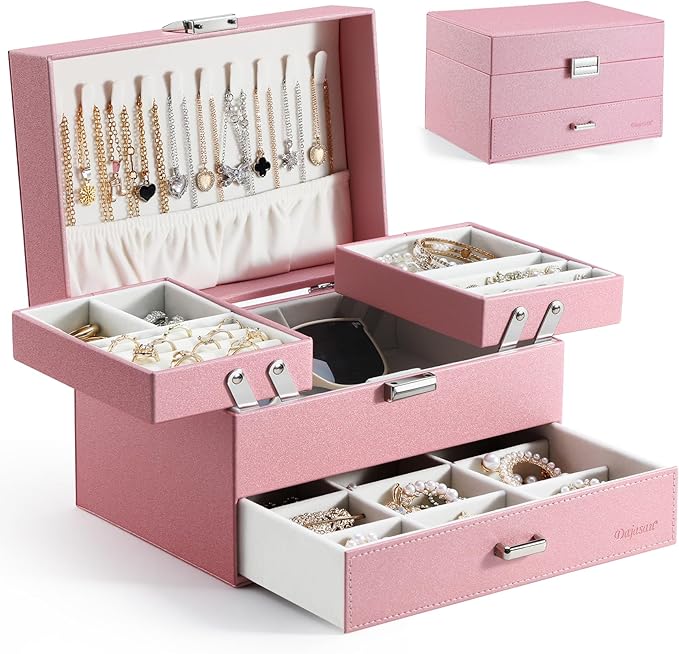 Jewelry Organizer Box, Large Jewelry Boxes for Women Girls, Space-Saving 3 Layers Jewelry Storage Case with Drawer, Gift Idea, Movable Metal Stand, Modern (Pink)