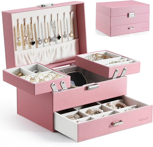 Jewelry Organizer Box, Large Jewelry Boxes for Women Girls, Space-Saving 3 Layers Jewelry Storage Case with Drawer, Gift Idea, Movable Metal Stand, Modern (Pink)