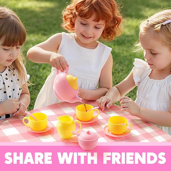 JOYIN 18PCS Pretend Role Play Tea Party Set, Pink Plastic Tea Set, Mini Kitchen for Kids, Gifts for Toddler Boys Girls, Gift for Christmas