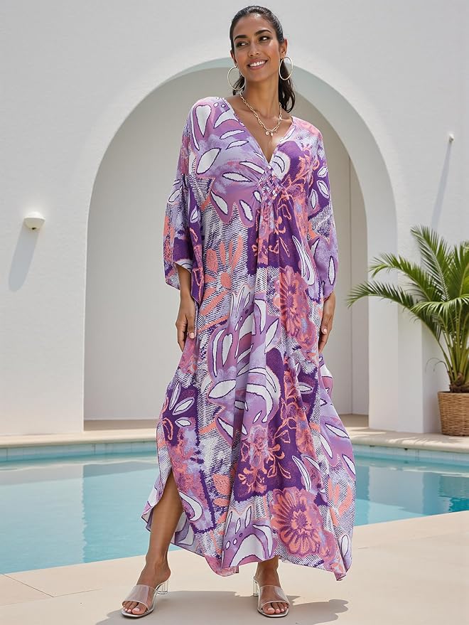 Mumu Dresses for Women Plus Size, Bohemian Kaftan Beach Cover Up Long Maxi Nightgown Soft Loungewear