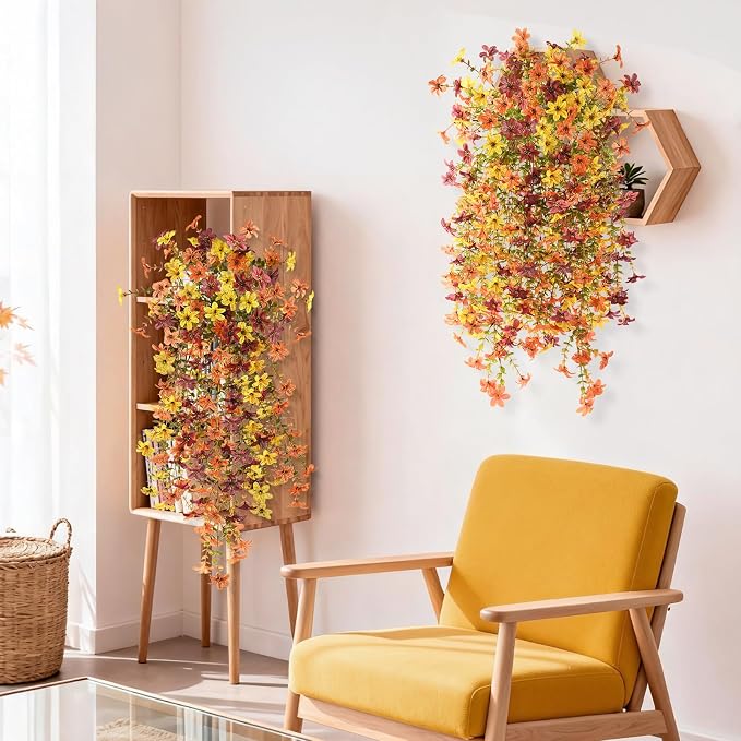 INQCMY Artificial Fake Hanging Flowers Plants for Outdoor Fall Decoration | 2PCS Faux Silk Daisy with Eucalyptus Leaves,UV Resistant Look Real for Outside Home Planter Porch Patio Yard Autumn Decor